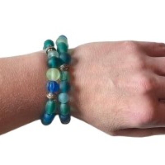 Frosted Blue & Green Sea Glass Bead Bracelet - Picture 1 of 5